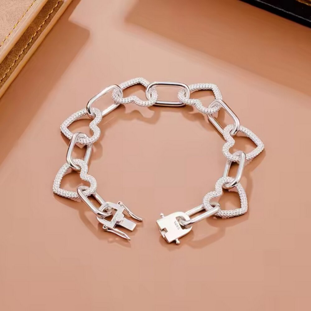 All Moissanite Bracelet Fully Ice Heart Link, 7" - Picture 6 of 9